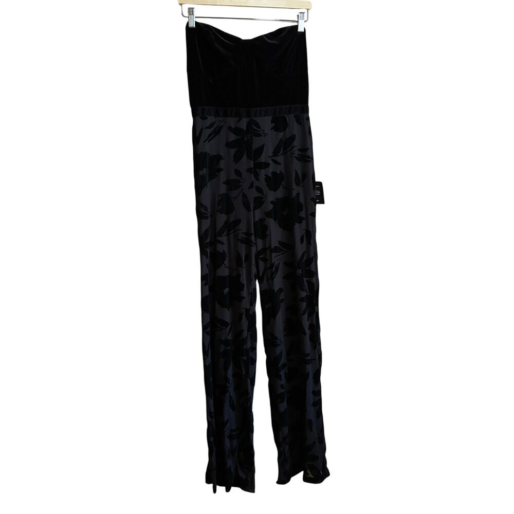 NWT Lulus black velvet strapless jumpsuit floral women's size large formal wear